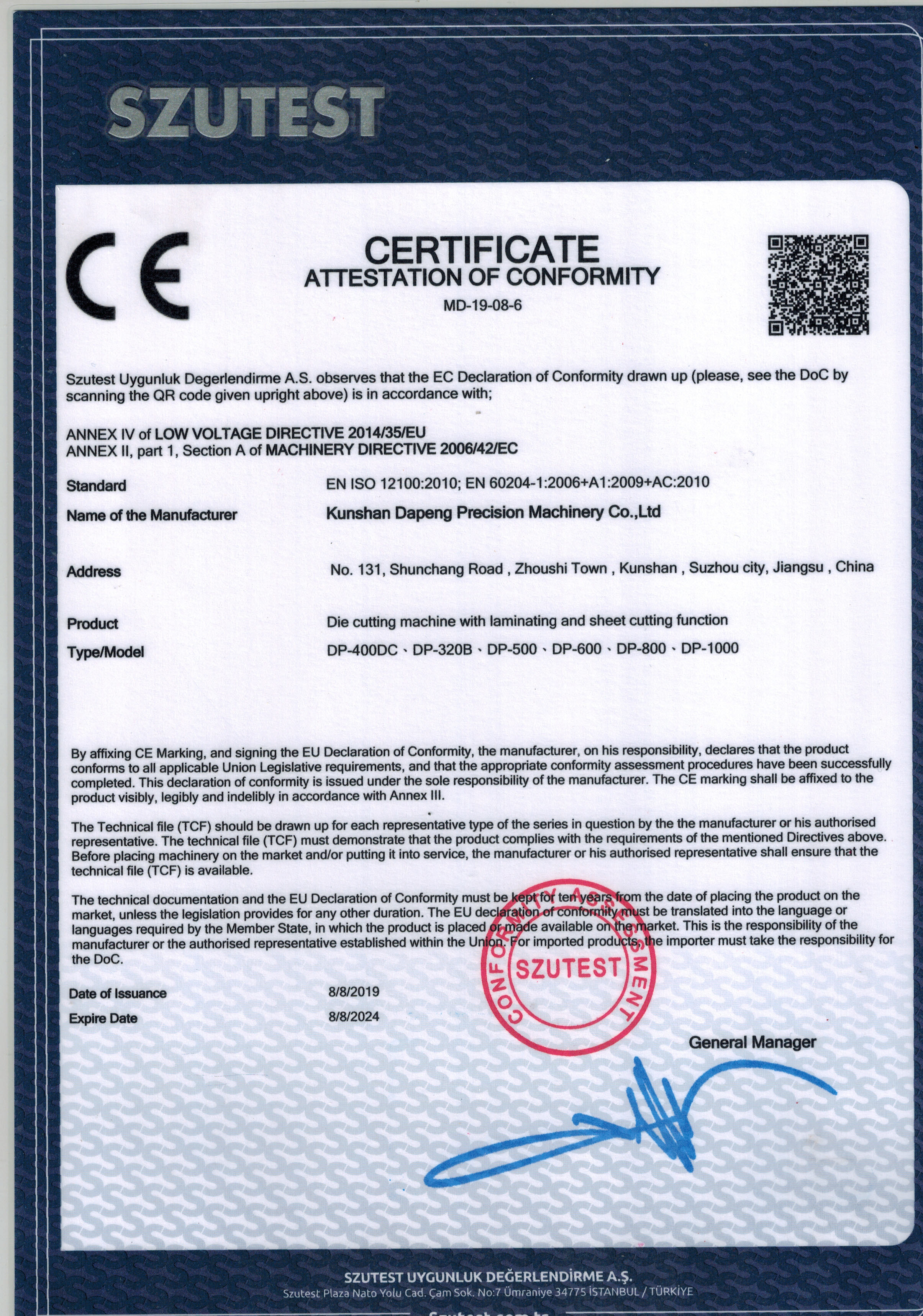 Kunshan Dapeng Precision Machinery Co.,Ltd Certifications