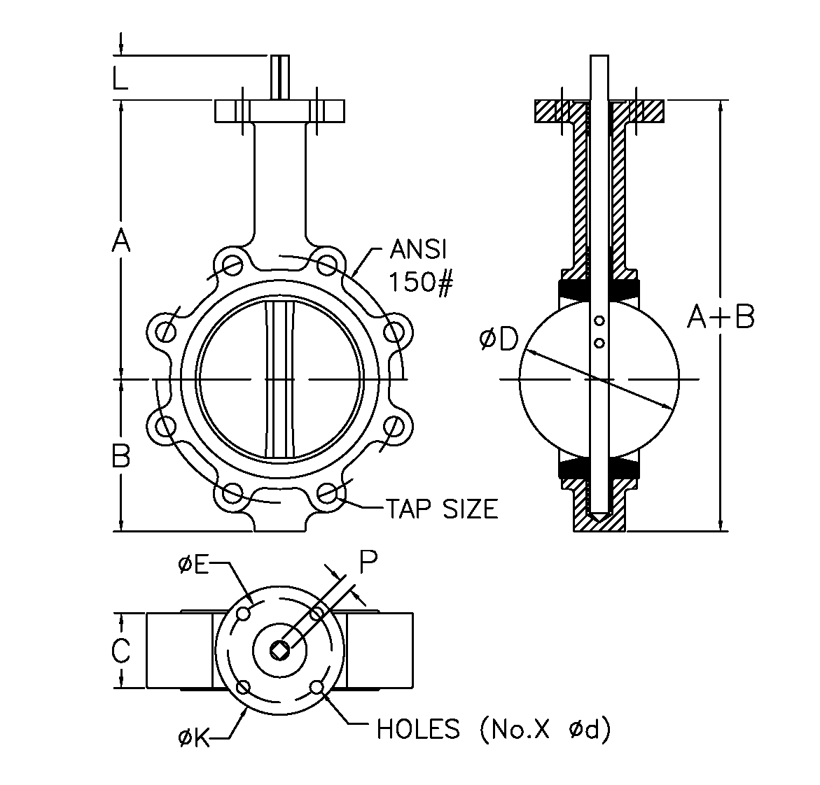 Lug Style Butterfly Valves-DIMENSIONS - Bare Shaft-Drawing