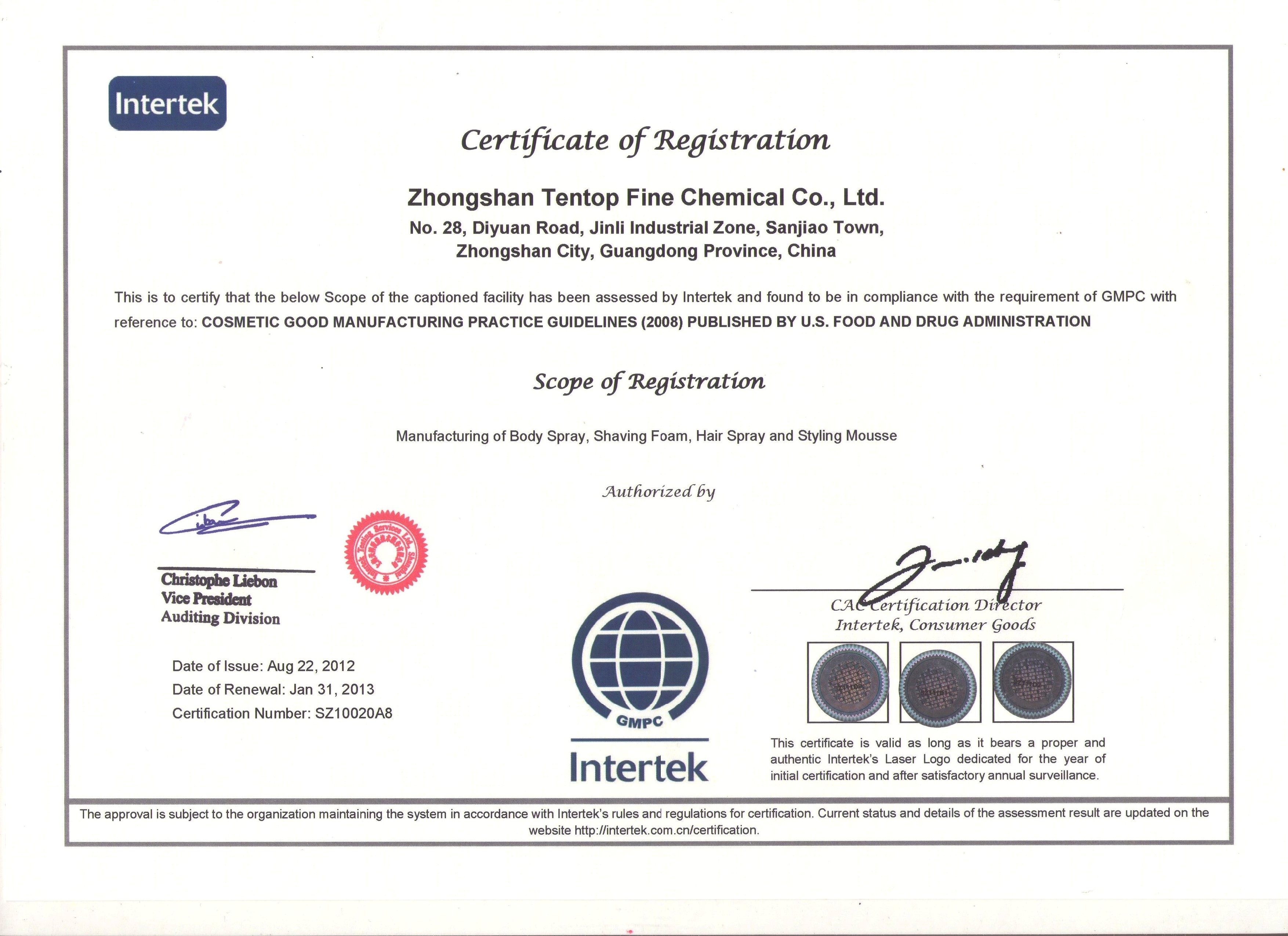Zhongshan Tentop Fine Chemical Co., Ltd Certifications