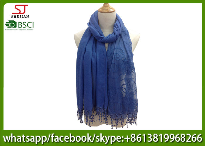 Wholesale Chinese factory blue embroider tassel lace thin scarf 20%Cotton 80%Polyester 70*180cm spring summer autumn keep fashion from china suppliers