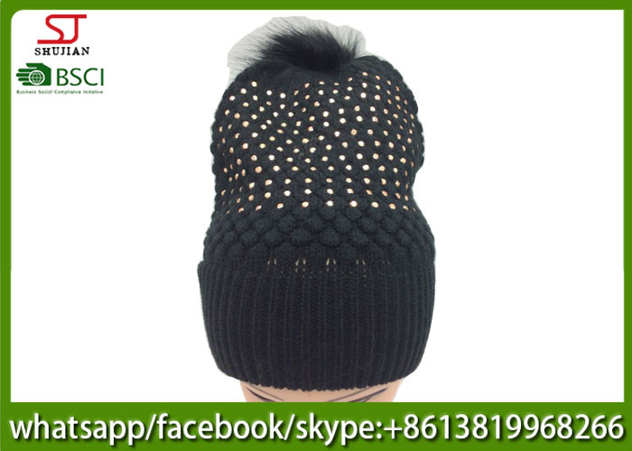 Wholesale Chinese manufactuer free faux fur pompom knitting stripe hat  cap  patterns beanie 75g 18*24cm 100%Acrylic keep warm from china suppliers