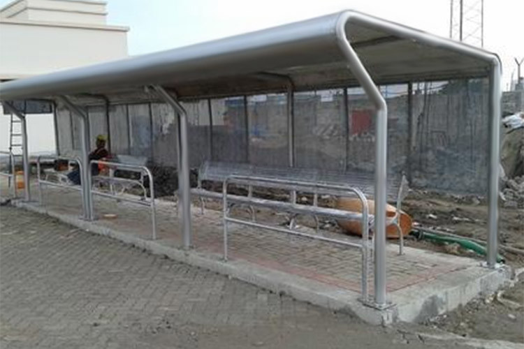 Safety Artistic Stainless Steel Bus Shelter With Seats / Garbage Bins / Line Signs