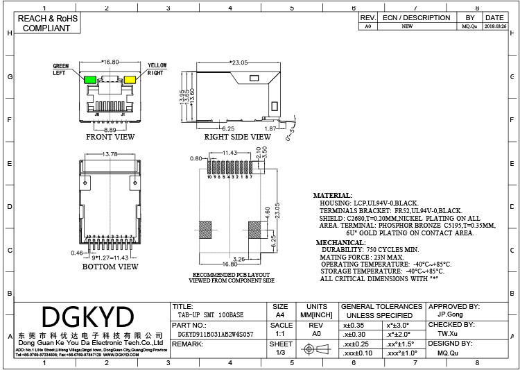 DGKYD911B031AB2W4S057 SMD RJ45 Network Interface Fast Ethernet Filter SMD 8P8C Modular Interface Without LED
