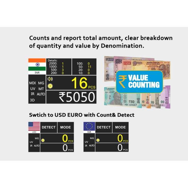 INR TFT LCD Indian Currency Counting Machine CAD Mixed Denomination Money Counter
