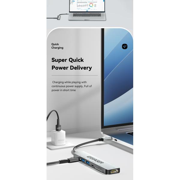 7 In 1 USB C HUB Multifunction Ports Fast Transmission 60W 4K 30Hz