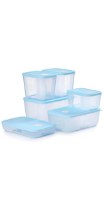 Stacking Square Storage Set - Dishwasher Safe & BPA Free - (6 Clear Containers + 6 Blue Lids)