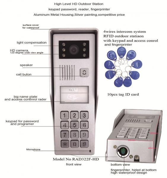 Home 2 Wire Video Doorbell Intercom PIR Motion Detection Fingerprint Access Control
