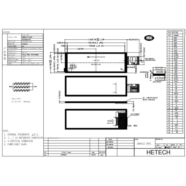 7.84 Inch Bar Type TFT LCD TFT Display With 400*1280 Resolution