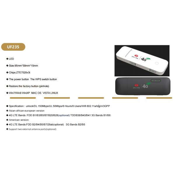 Unlocked Wifi 4G LTE USB Dongle CAT 4 With LED 6 Hours 8 Users 150 Mbps