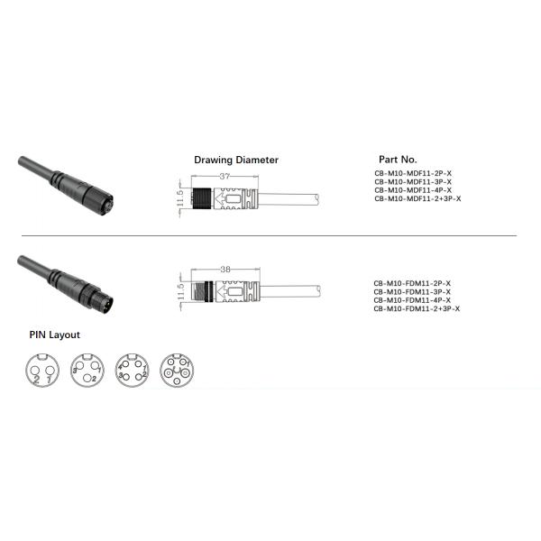 M10 Metal Head Coated Waterproof Male Female Connector LED Cable 2 Core 3 Core IP68