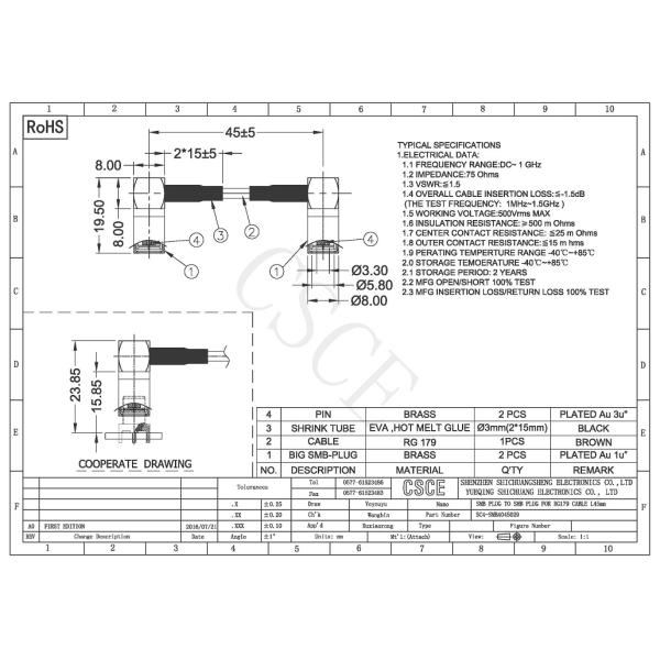 Customize Length Antenna Pigtail Cable , RG179 Brown Female SMB Coax Cable