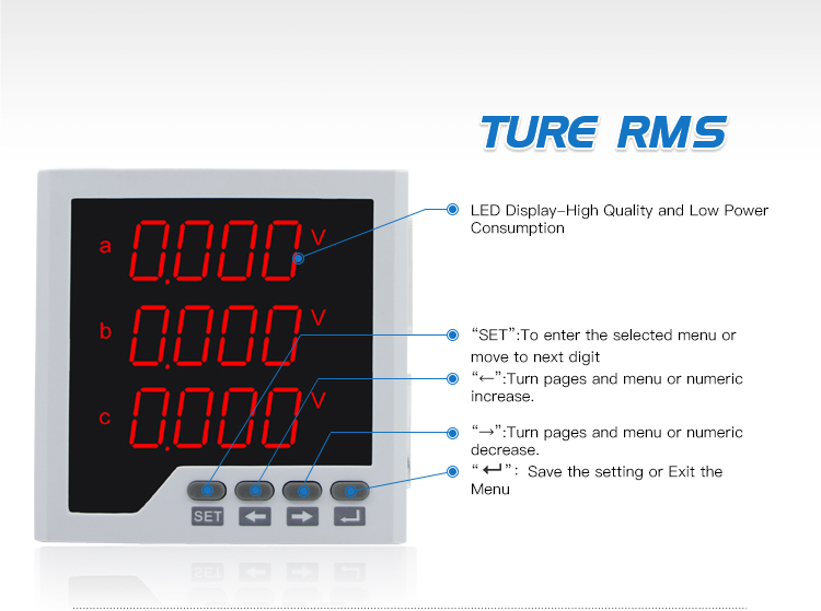 Three Phase LED display Multifunction Power Meter with 3 small LED tube display
