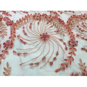 Crystal Flower Embroidery Beaded Bridal Lace Fabric For Wedding Dresses 125cm