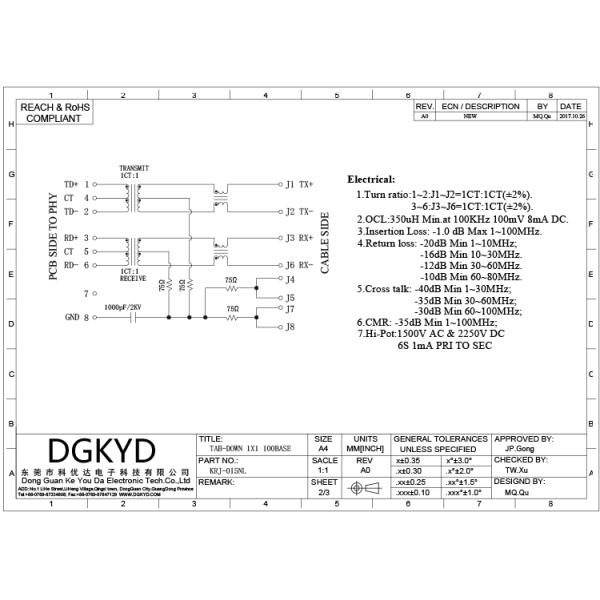 DSL / ADSL Right Angle 10 / 100 base RJ45 female jack with transformer,Rohs Compliant
