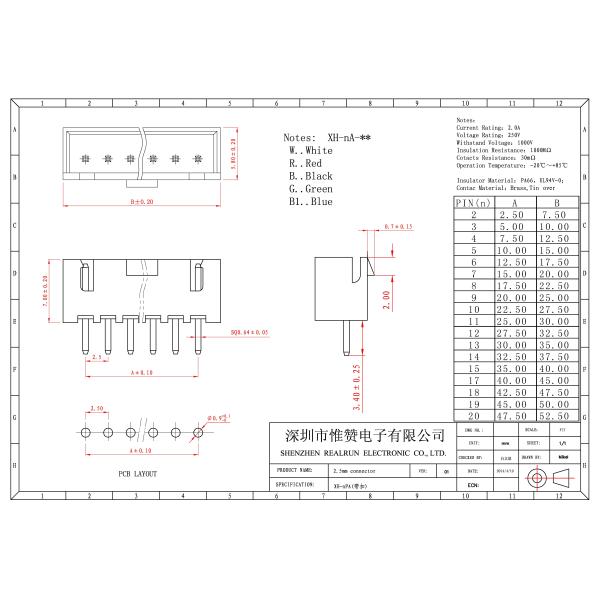 Red Straight Wafer Connector 2.0mm Pitch Coppy Alloy Contact UL Certification