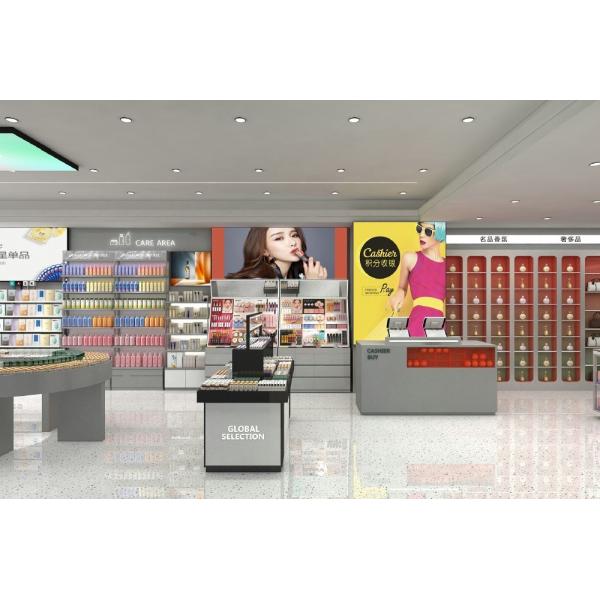 GDR02-BG06 Right Illuminated Skincare Display Cabinet with 60mm Soft Film Light Box and Laser Engraved Brand Logo for Fashion Boutiques