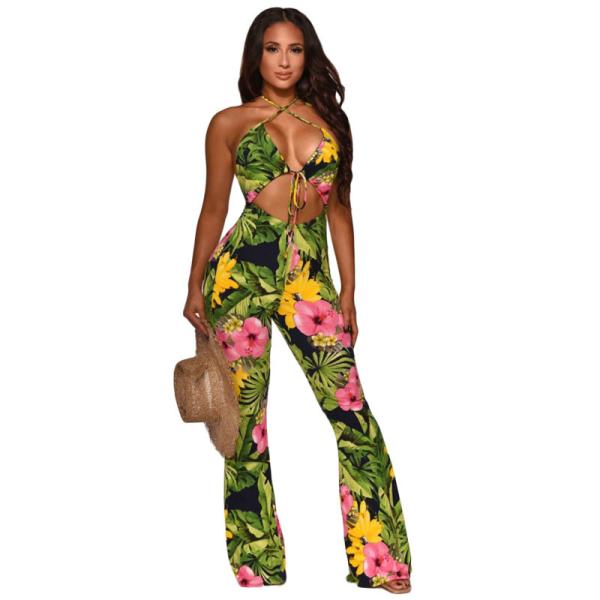 Printed One Piece Deep V Jumpsuits Bandage Flare Backless Jumpsuit