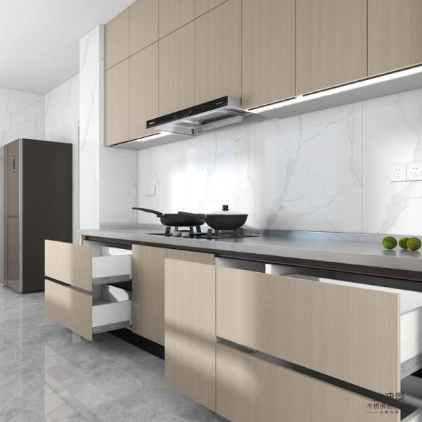Stainless Steel Double Linear Kitchen Cabinets Light Wood Grain With Enhanced Storage Solution