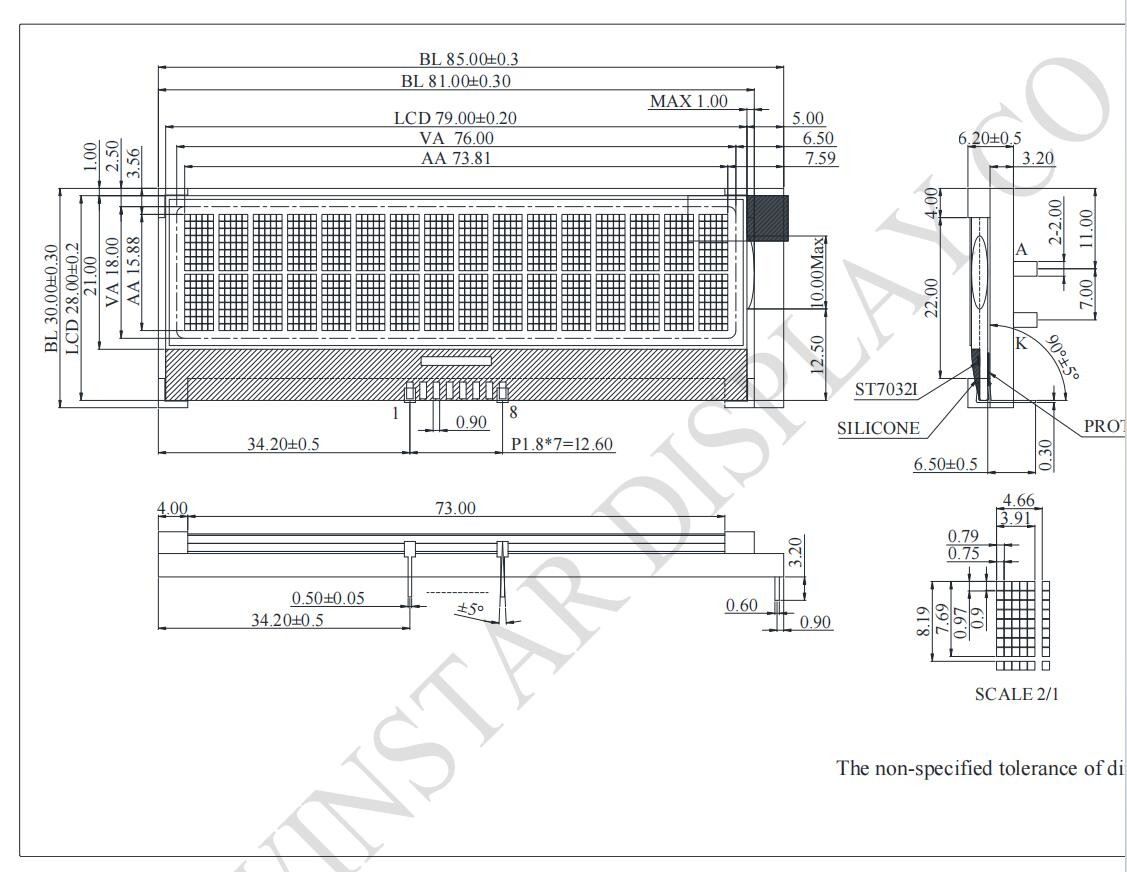 16*2 Character COG LCD Module 3.3V Monochrome I2C with ST7032I customizable