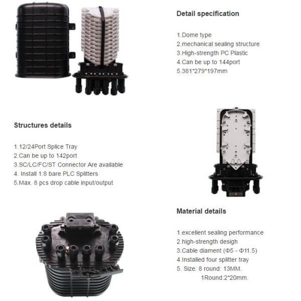 Dome Type Fiber Optic Joint Box PC Plastic 144 Core Optical Fiber Closure