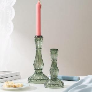 China Green Color Glass Candle Holder Taper Candlestick Machine Made on sale