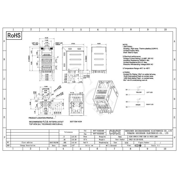 8P8C LED RJ45 To USB Connector / Stacked Over Cat5 RJ45 Connector Dual Port