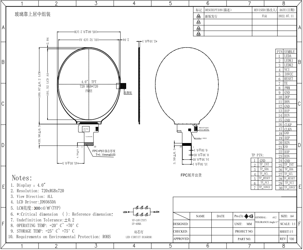 4'' IPS Round LCD Display 720 X 720 Resolution With SPI RGB Interface