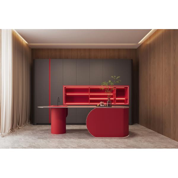 Line Shaped Stainless Steel Kitchen Cabinet With Black And Red Accent Design