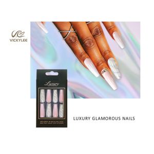 Fashionable Long Coffin Marbling ballerina fake nails Full Cover