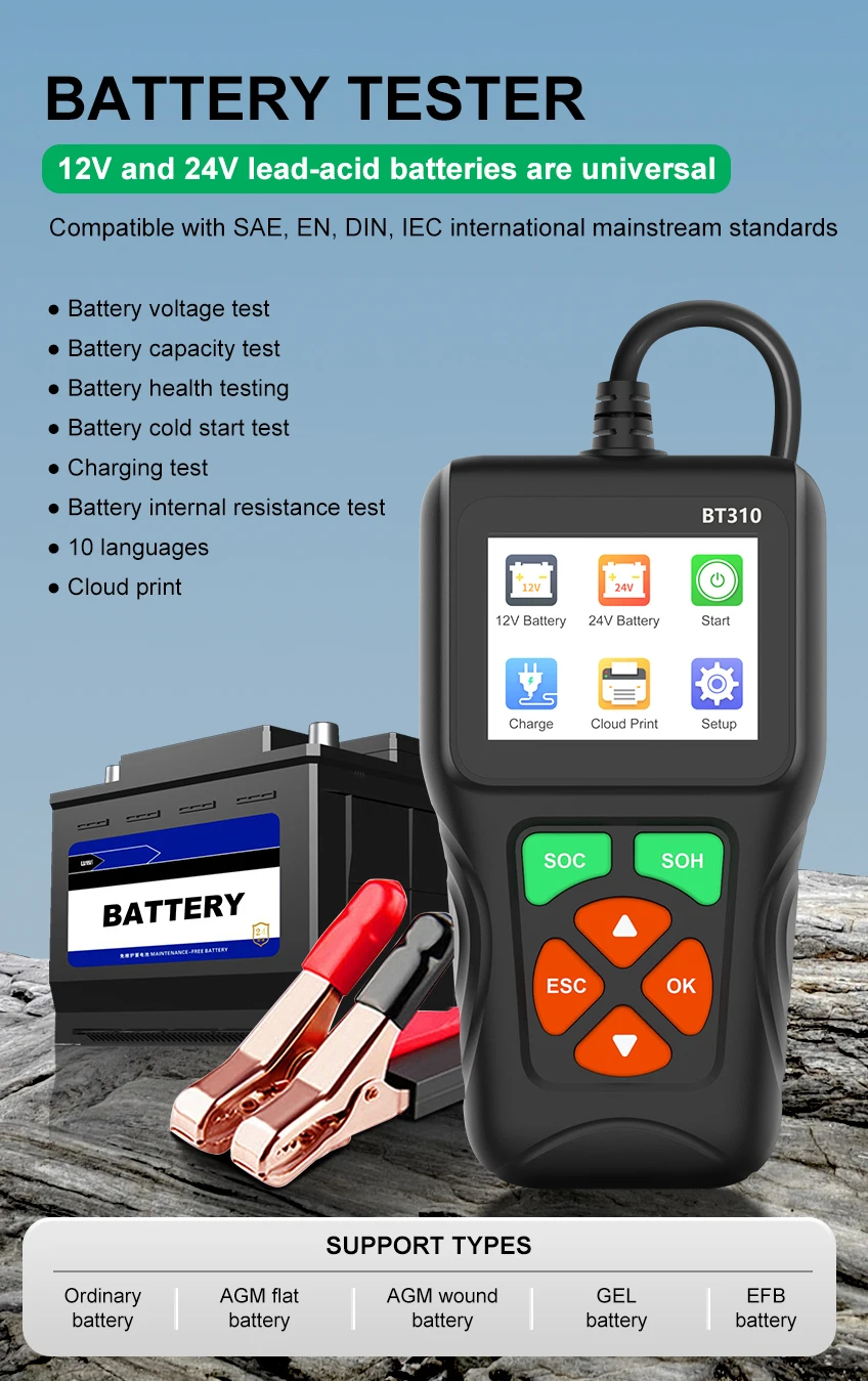 BT310 12V/24V Battery Load Tester for Lead Acid AGM GEL EFP Batteries with Cold Cranking Amps Test