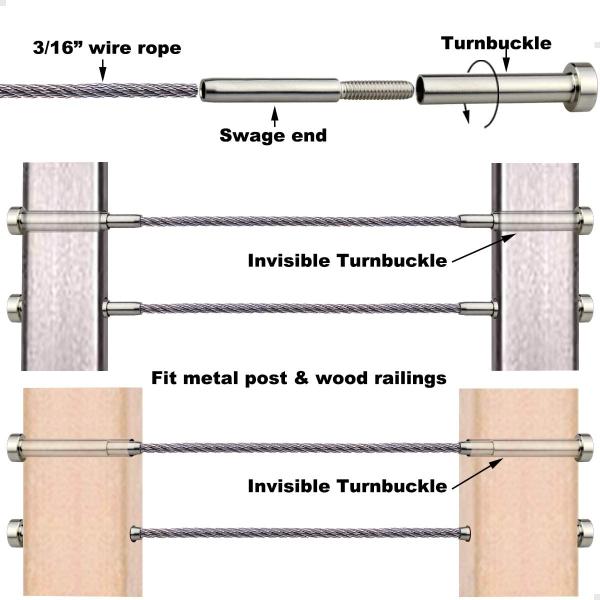 Polish Finish Stainless Steel Cable Railing Hardware Kit 3/16" for Deck Metal Post