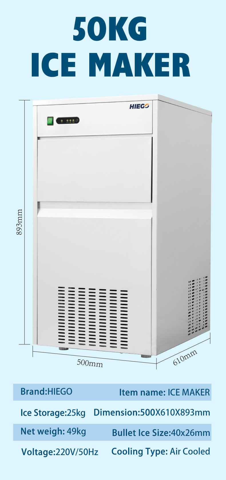 50kg Portable Nugget Ice Machine Commercial Automatic Bullet Ice Cube Maker