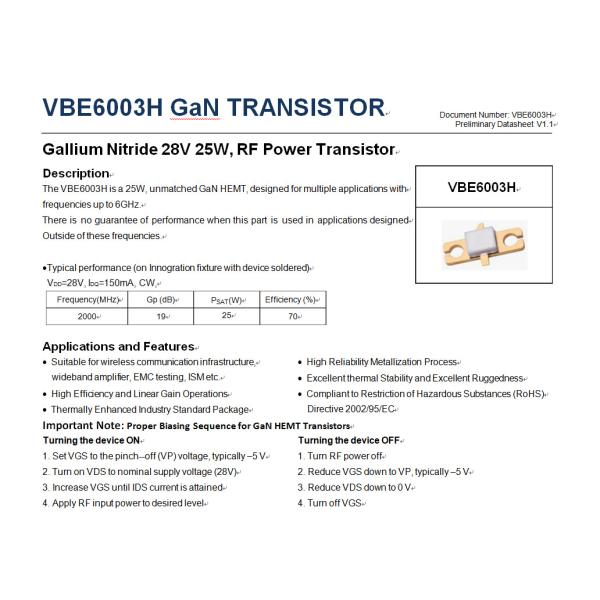 Durable RF Power Transistor Wide Band DC To 6GHz 25W Gallium Nitride 28 Volt
