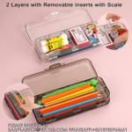 Double Deck Pencils Box Clear Plastic Stationery Box Removable Ruler Dividing