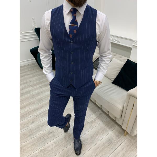 Mens Striped Sax Slim Fit Three Piece Tuxedo For Wedding