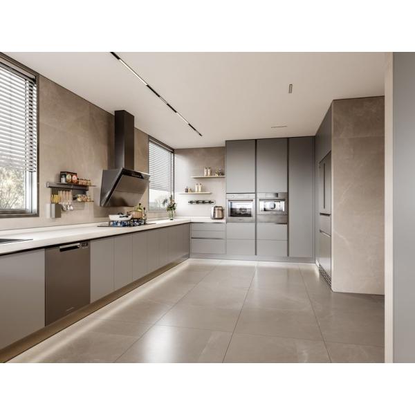 Titanium Grey Color Luxe U-Shaped Kitchen With No Wall Cabinet Design