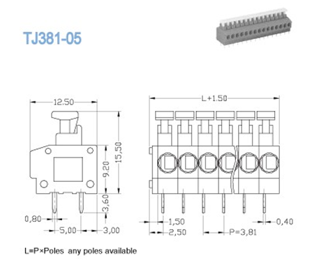 10Amp 3.81mm Spring Cage Terminal Block Connector Single Deck UL CE