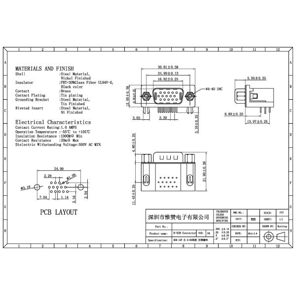 Customized 15 Pin DB D SUB Connector Male Straight Max Contact Resistance