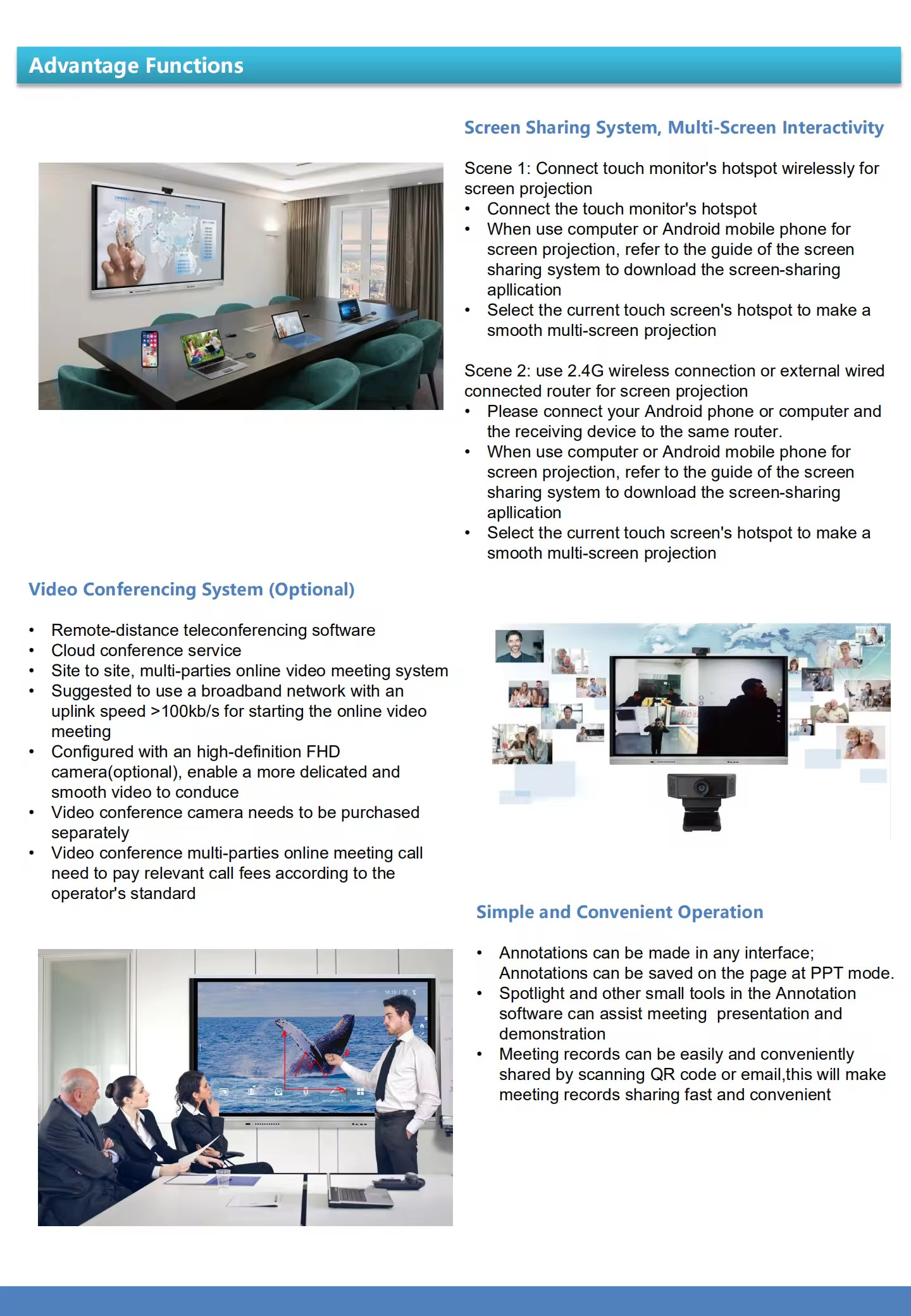 4K Interactive Whiteboard IFPD Smart Monitors Multi Touch Screen Display With Camera&mic All In One Computer For School