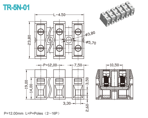 600 V 30A 12.00mm Grey Screw Terminal Connector / power distribution block