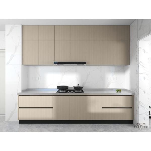 Stainless Steel Double Linear Kitchen Cabinets Light Wood Grain With Enhanced Storage Solution