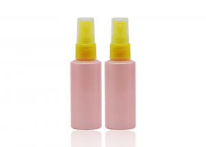 China Flat Shoulder Pink PET 50ml Small Plastic Spray Bottles Refillable With Yellow Pump on sale