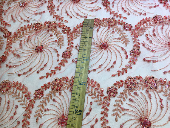 Crystal Flower Embroidery Beaded Bridal Lace Fabric For Wedding Dresses 125cm