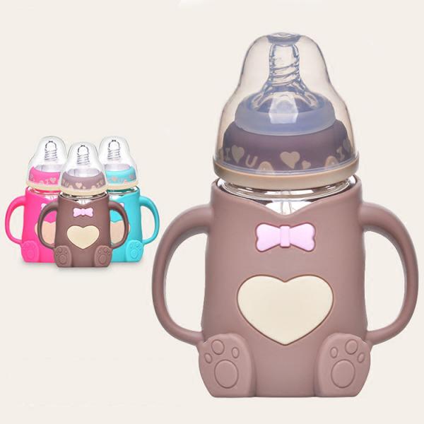 Quality bear shape high quality BFA free nature glass baby feeding bottle with silicone sleeve for sale