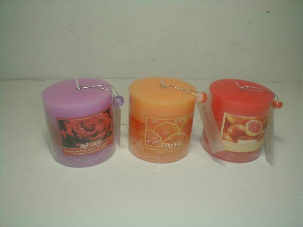 Quality 3x3" Purple,orange & red  scented pillar assorted candle packed by pvc sheet and printed label for sale