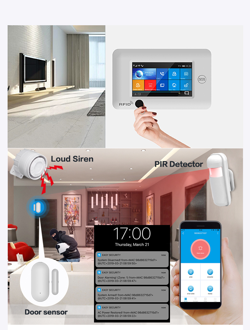 433Mhz WIFI GSM Alarm System 1900mHA Smart Alarm Sensor Touch Screen