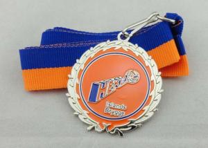 China Iron Ribbon Medals Die Stamp , Nickel Plating With Blue And Orange Ribbon on sale