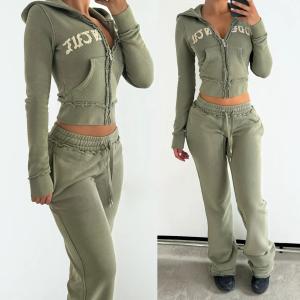 China Custom Embroidered Acid Wash Tracksuits for Women 100% Cotton Flared Sweatpants and Hoodie Set on sale