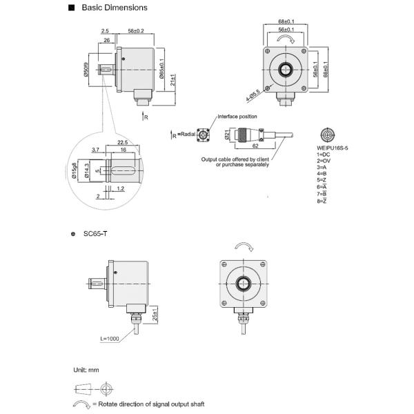 SC65F Heavy Duty Solid Shaft Encoder 15mm With Keyway 5 * 5mm Push Pull Output