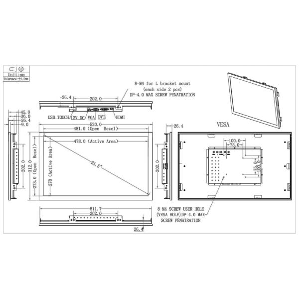 Full HD Infrared Touch Monitor 21.5 Inch With VGA DVI Video Input